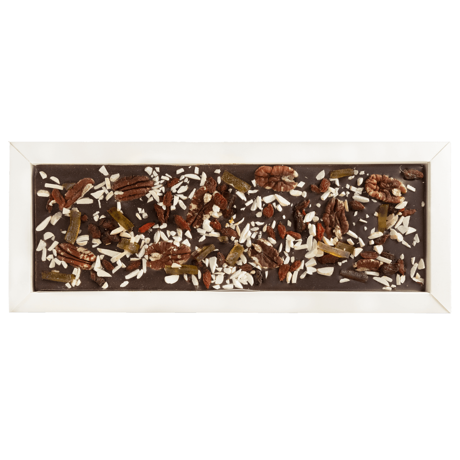 Tavoletta di cioccolato fondente Fantasy da 550 g con noci pecan, bacche di goji, limone e mandorle in pezzi