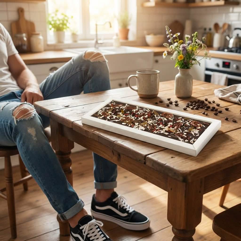 Tavoletta di cioccolato fondente Fantasy da 550 g con noci pecan, bacche di goji, limone e mandorle in pezzi