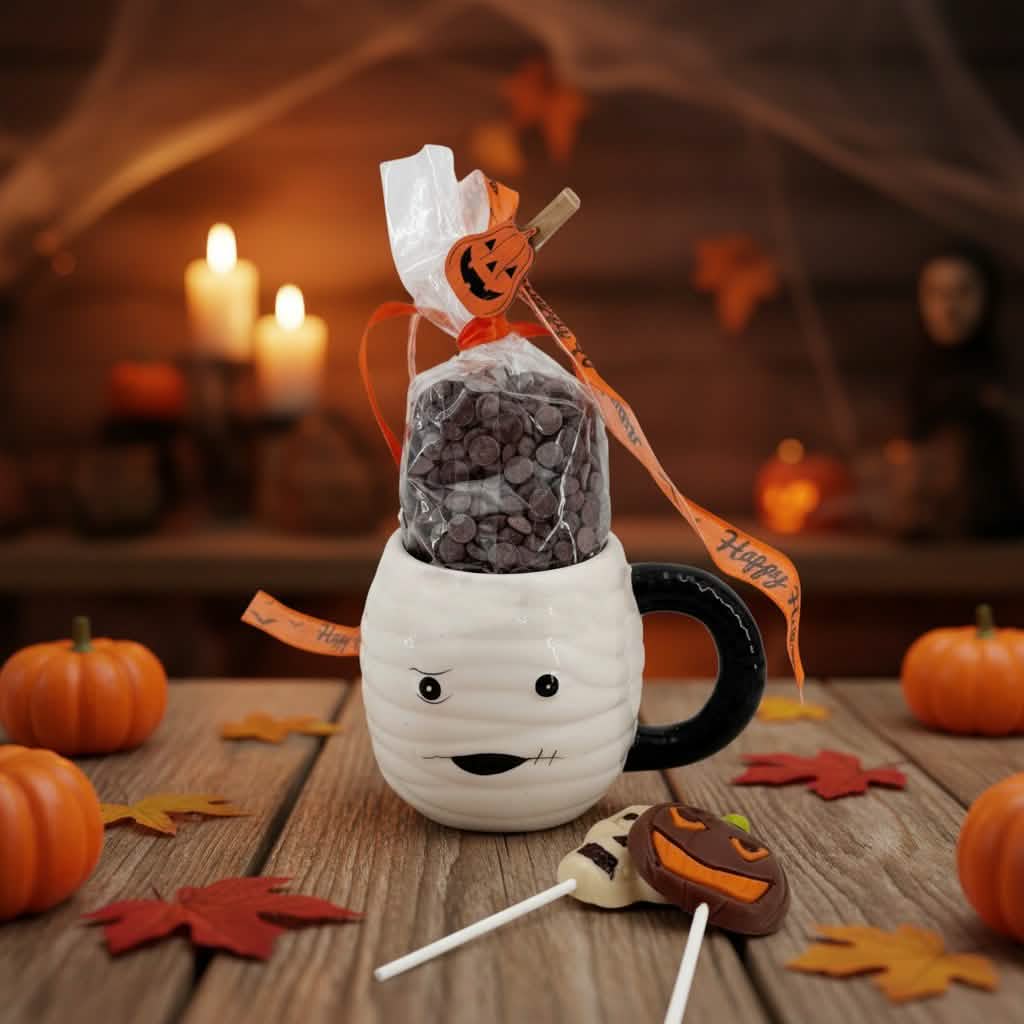 Gocce di cioccolato fondente in tazza con lecca-lecca