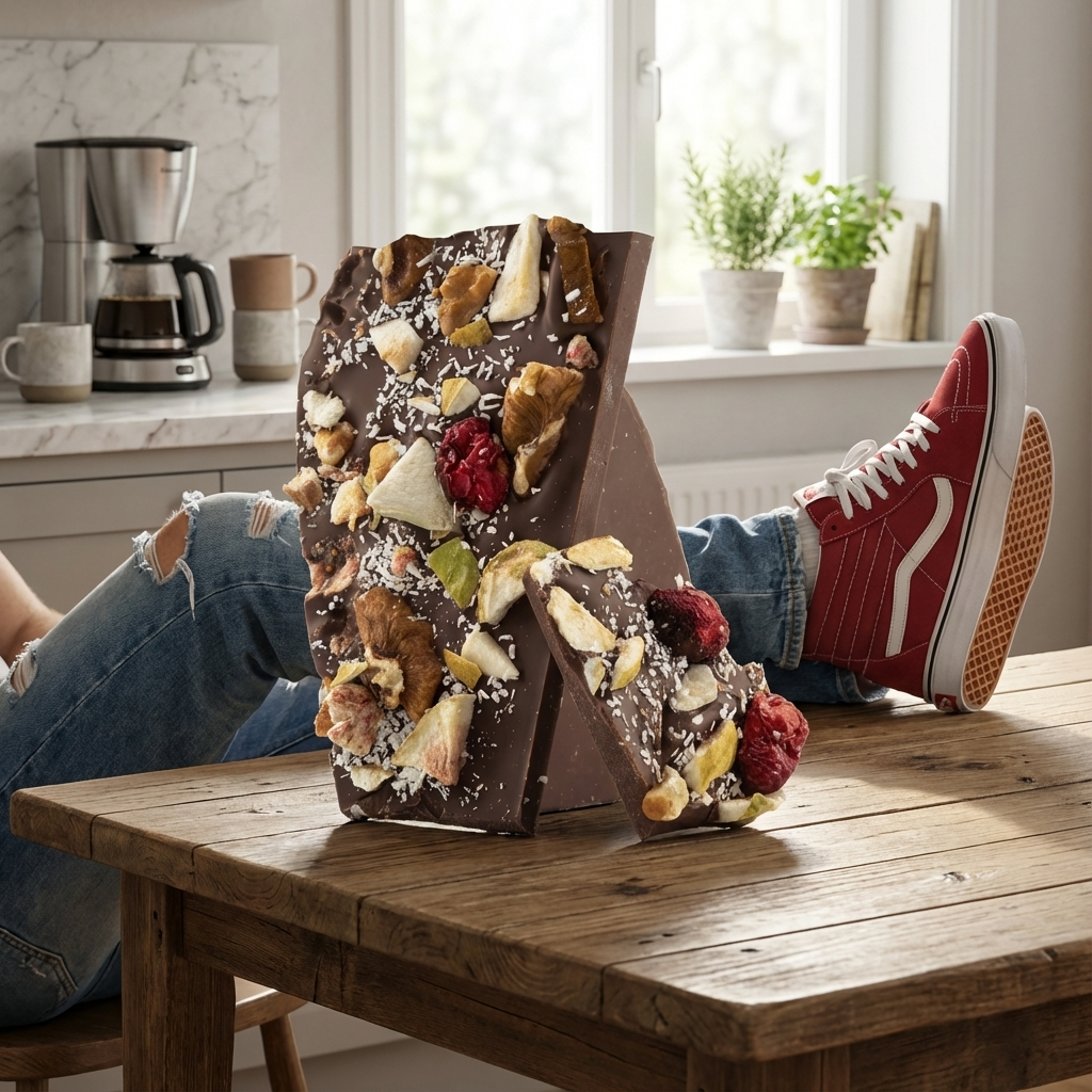 Tavolette spezzate di cioccolato al latte con fichi, limone, mirtilli rossi, noci, cocco