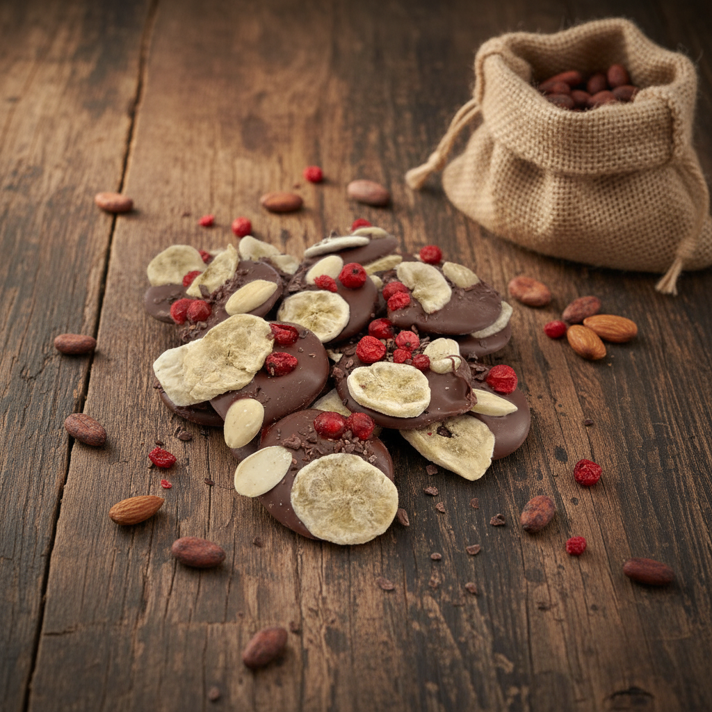 Mendiants al cioccolato al latte con pezzetti di banana, mandorle e noci pecan