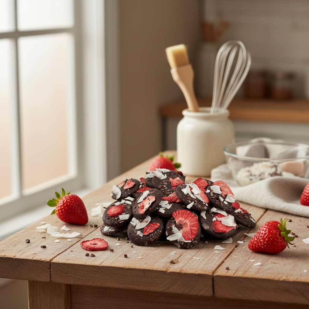 Mendiants al cioccolato fondente con cacao nibs, fragola e pezzi di cocco