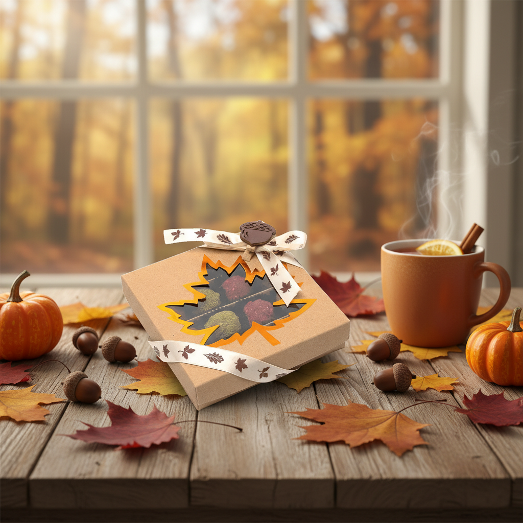 Mix di tartufi belgi autunnali in una scatola regalo marrone