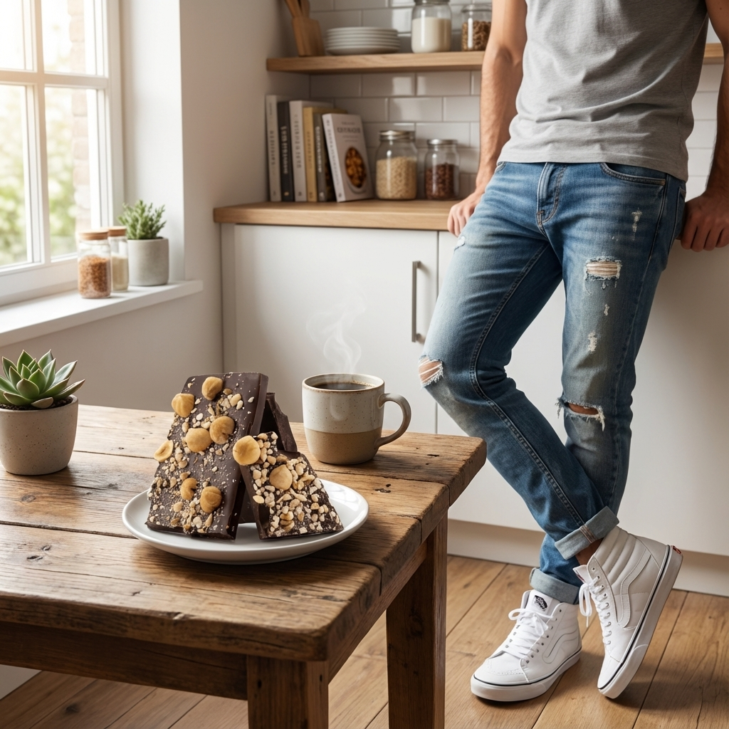Tavolette spezzate di cioccolato fondente con nocciole
