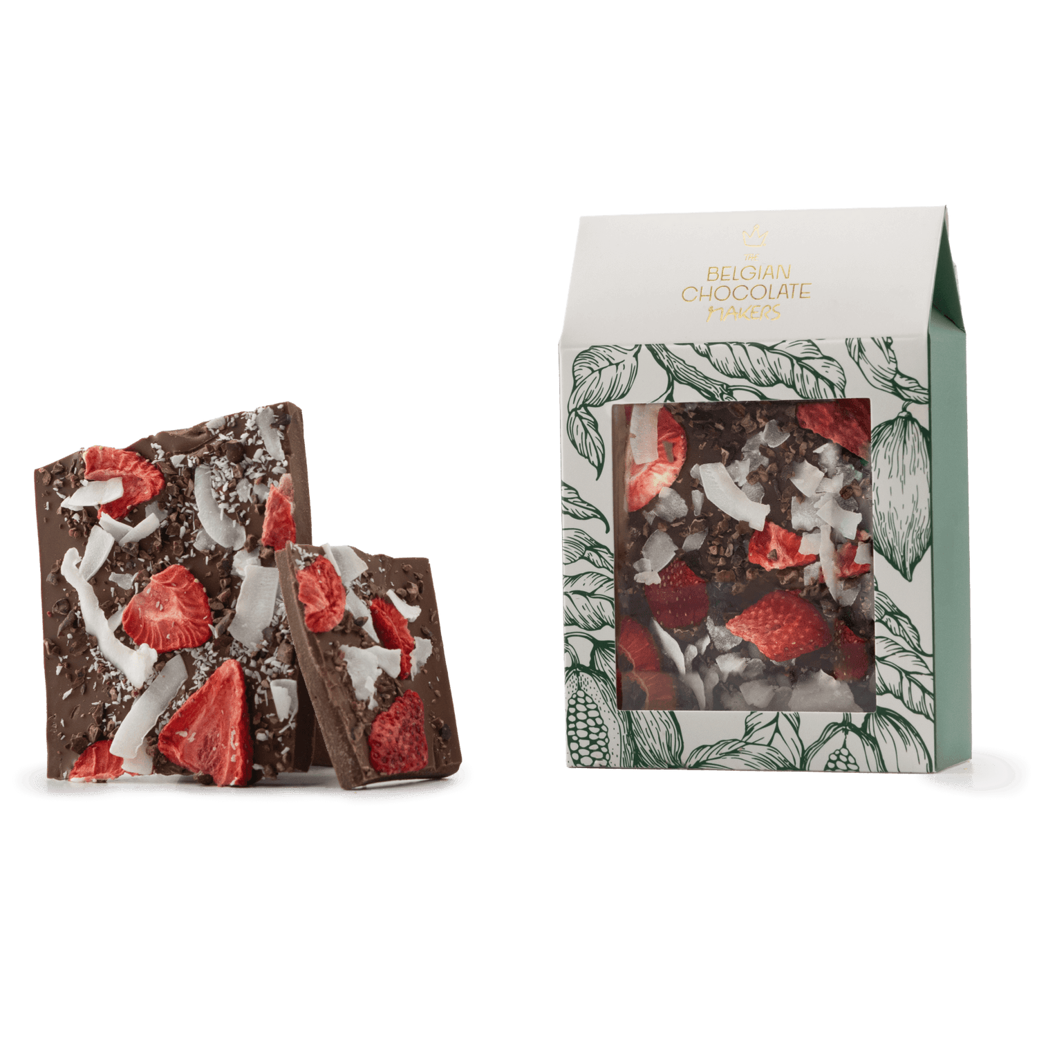 Tavolette spezzate di cioccolato al latte con cocco, fragole e cacao