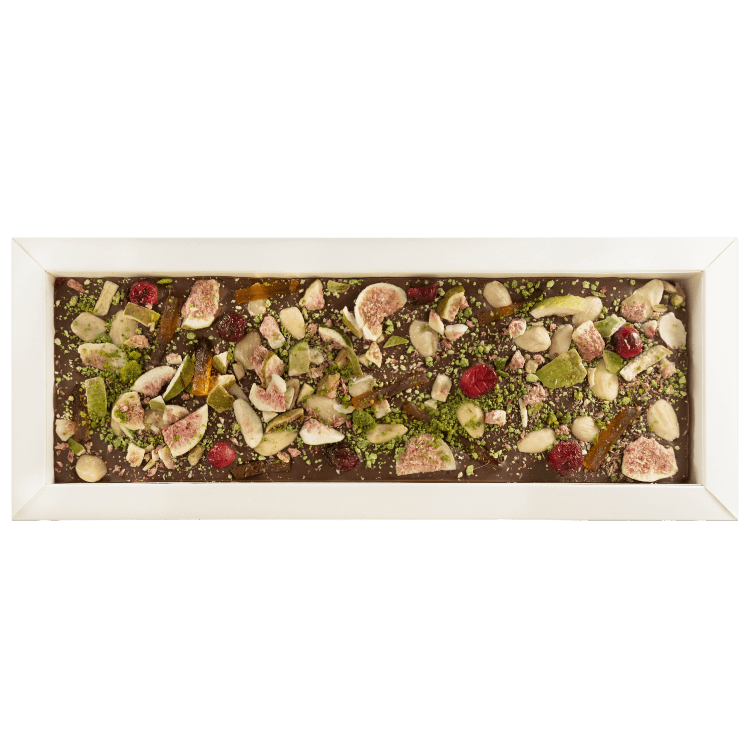 Tavoletta di cioccolato al latte Fantasy da 375 grammi con pezzi di fico, mirtillo rosso, mandorla, limone e pistacchio