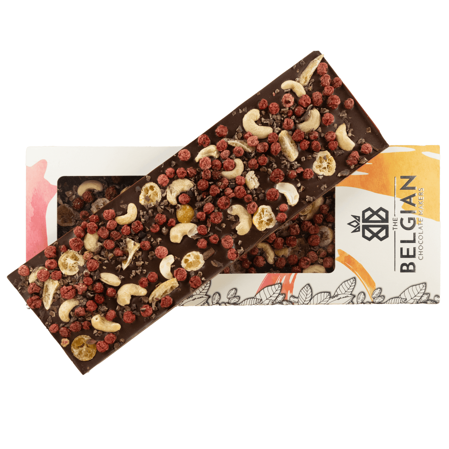 Tavoletta di cioccolato fondente Fantasy da 550 g con cacao, anacardi, kumquat e ribes rosso a pezzetti
