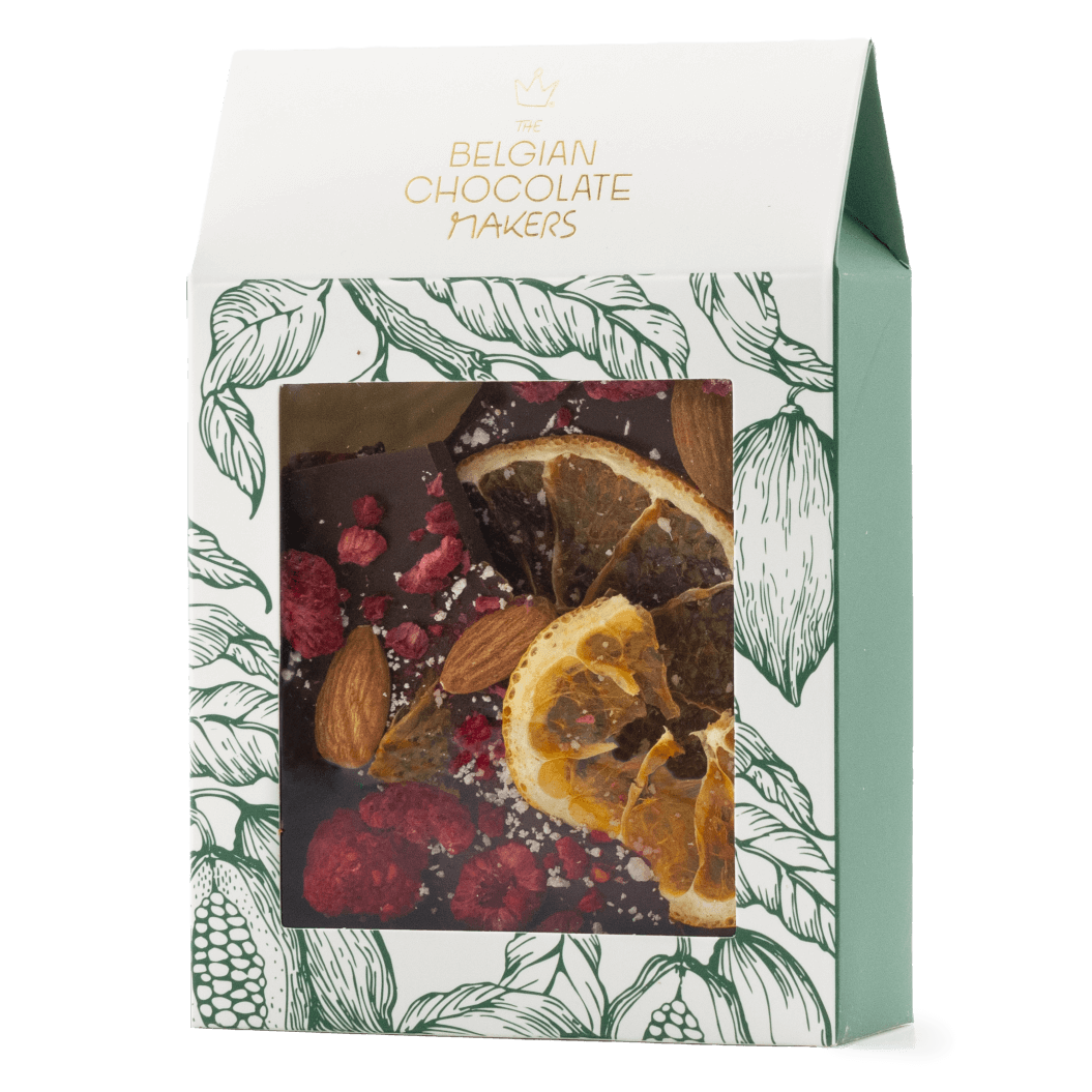 Tavolette spezzate di cioccolato fondente con lamponi, mandorle e arancia