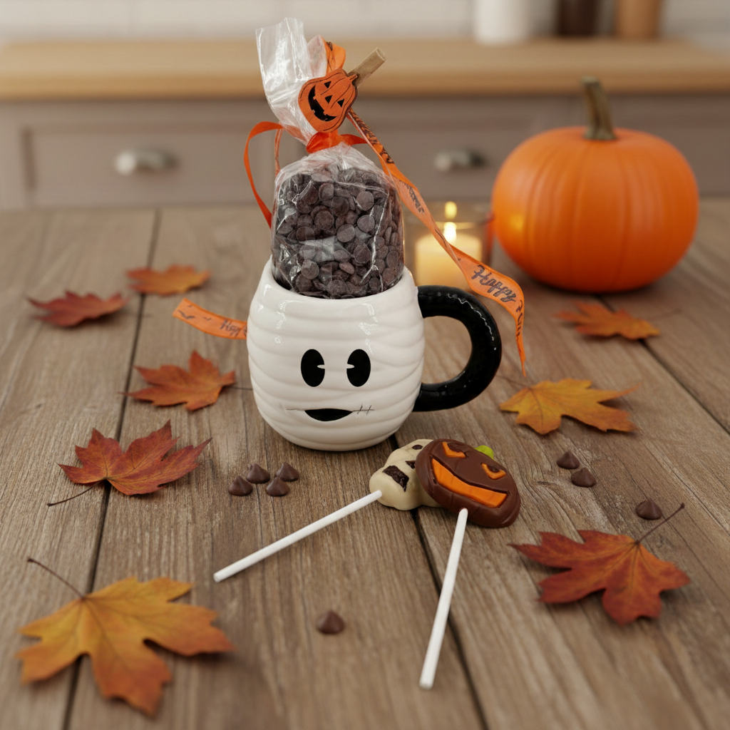 Gocce di cioccolato al latte in tazza mummia con lecca-lecca