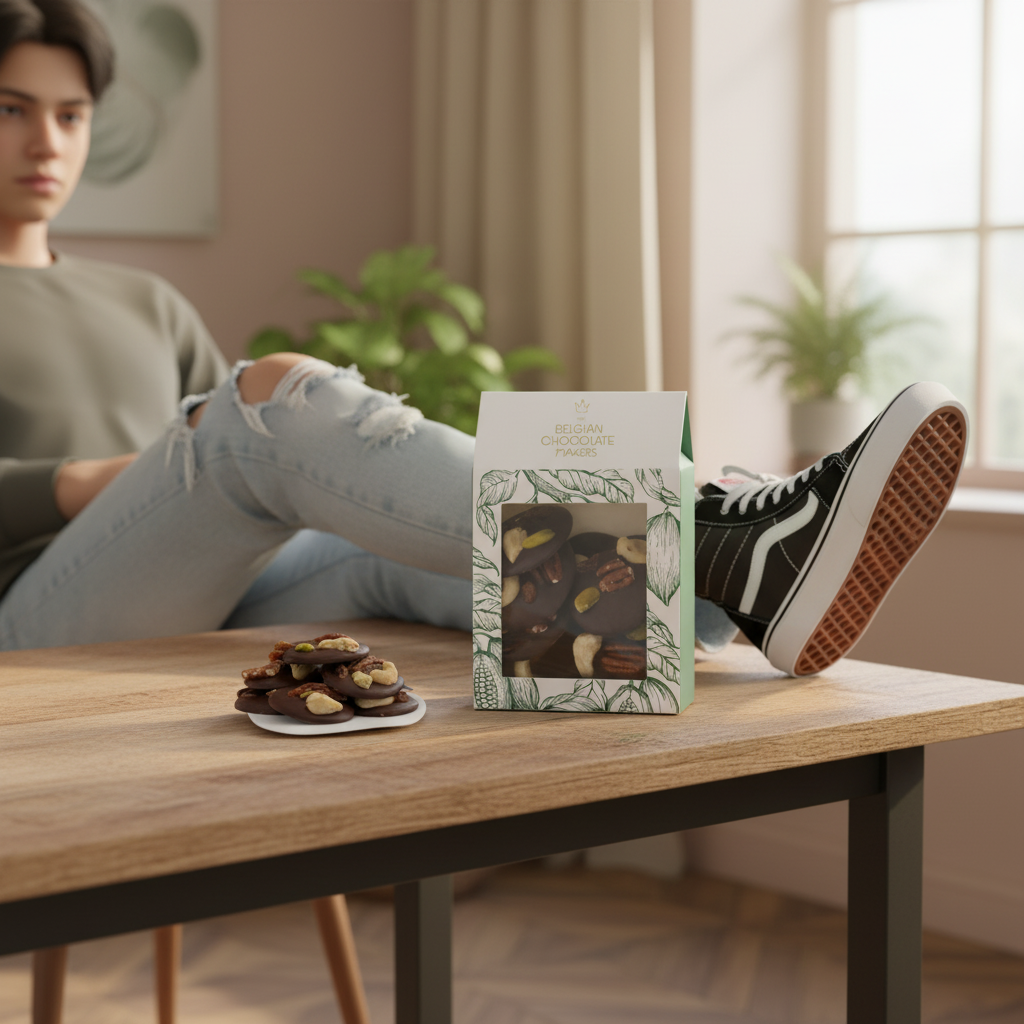 Mendiants al cioccolato fondente con pezzi di anacardi, pistacchi, uvetta e noci pecan