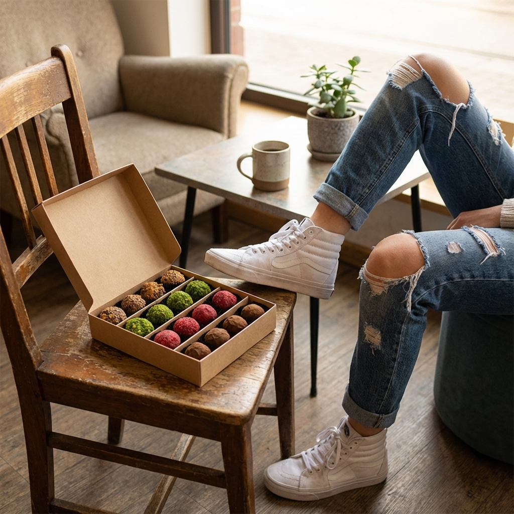 Mix di tartufi belgi autunnali in una confezione regalo rossa