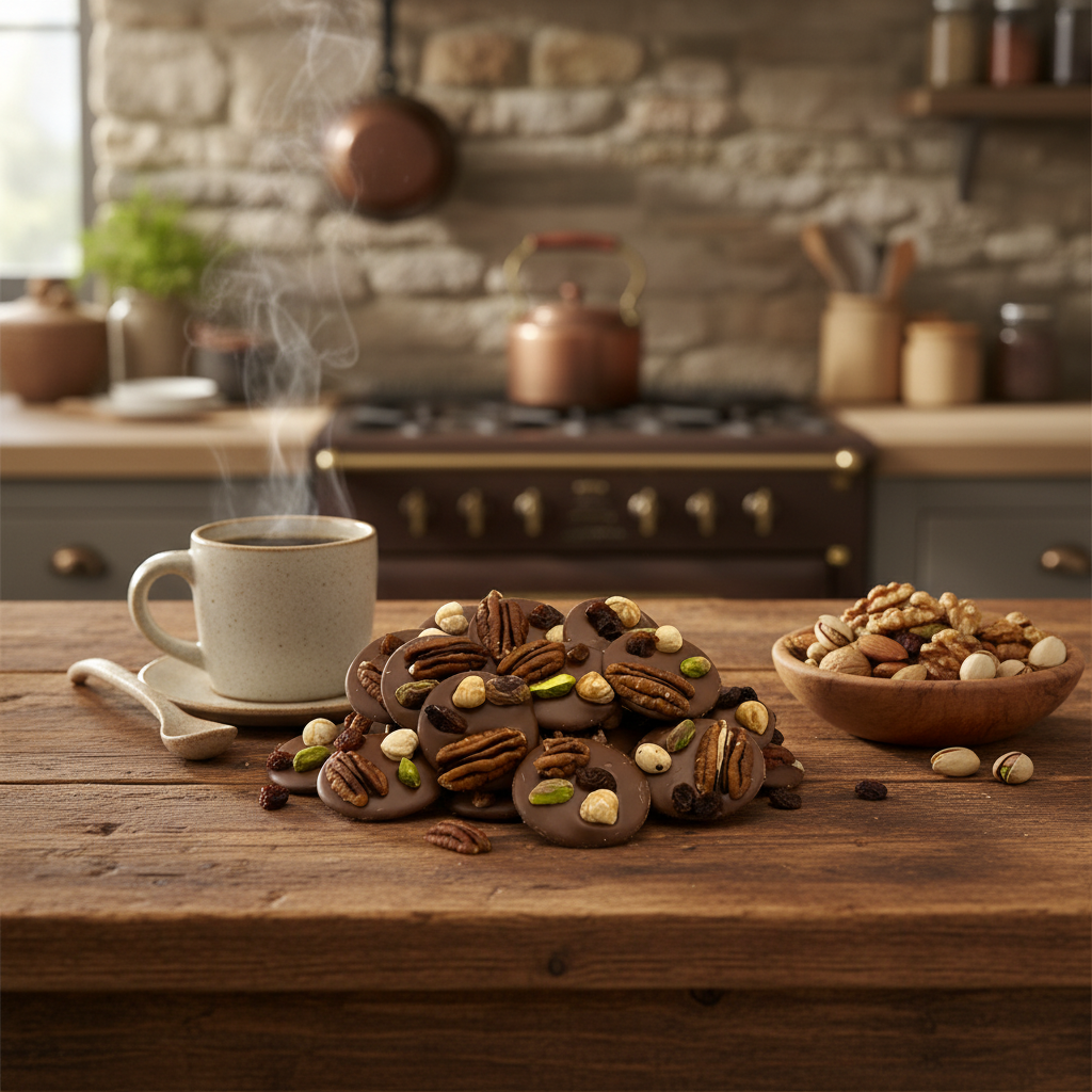 Mendiants al cioccolato al latte con pezzetti di noci pecan, pistacchio, uvetta e nocciole