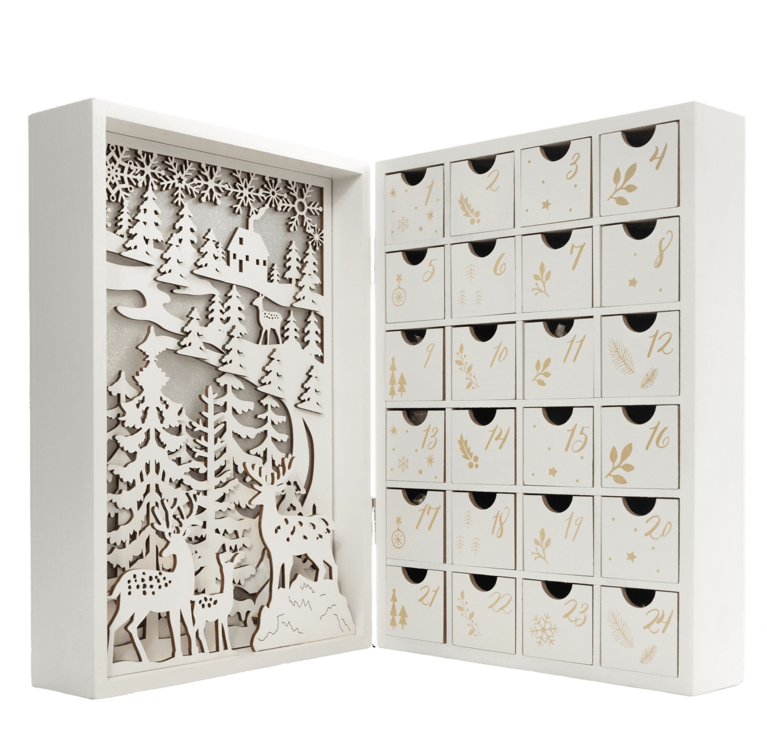 Calendario dell'avvento illuminato in legno libro 24 figurine