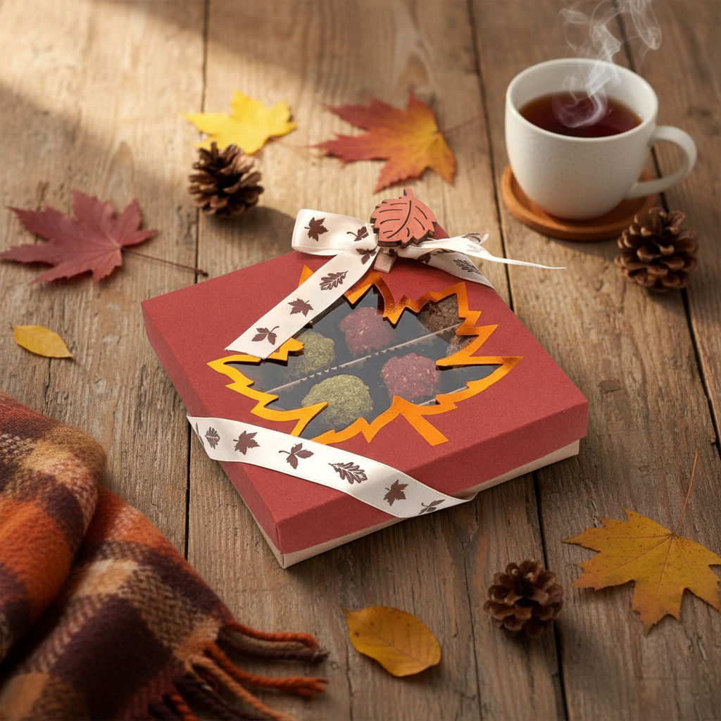 Mix di tartufi belgi autunnali in una confezione regalo rossa