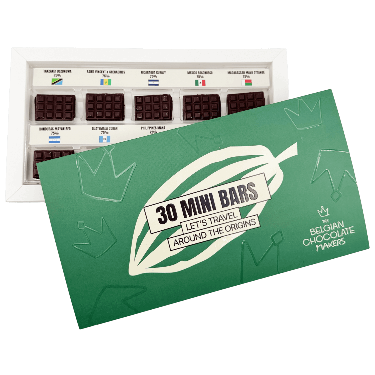 Scatola scoperta al cioccolato fondente con 30 mini tavolette