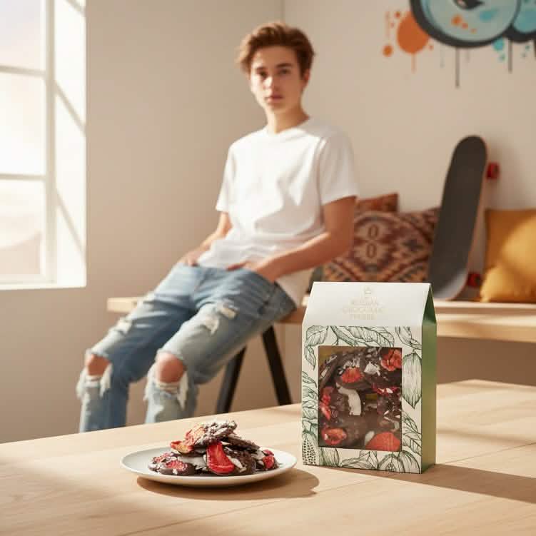 Mendiants al cioccolato fondente con cacao nibs, fragola e pezzi di cocco