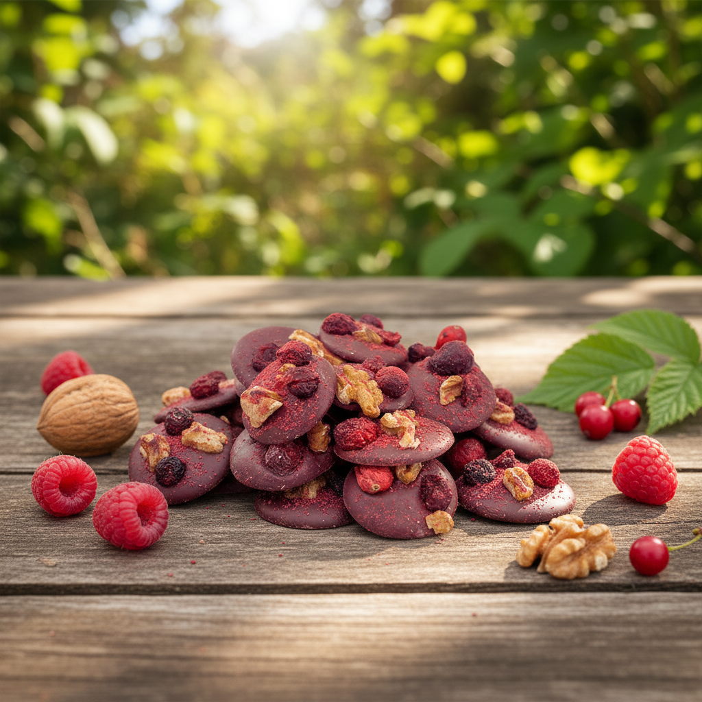 Mendiants al cioccolato al latte con pezzetti di noci, mirtilli rossi, ribes nero e lamponi
