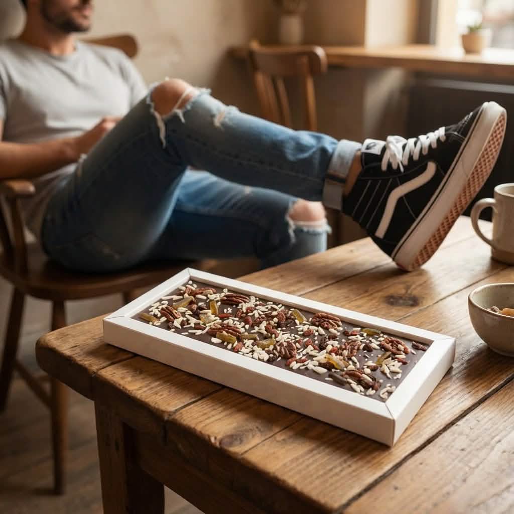 Tavoletta di cioccolato fondente Fantasy da 550 g con noci pecan, bacche di goji, limone e mandorle in pezzi