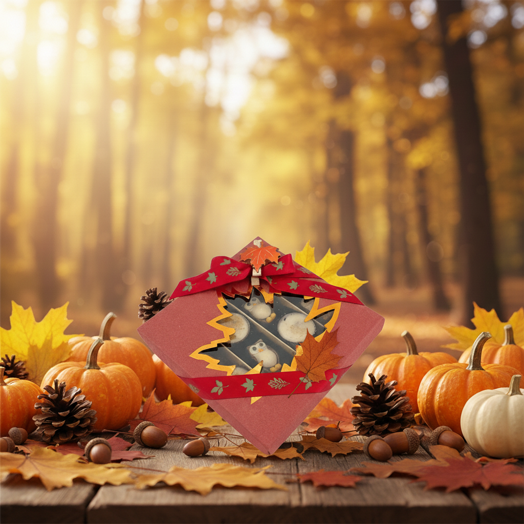 Mix di praline autunnali in una confezione regalo rossa