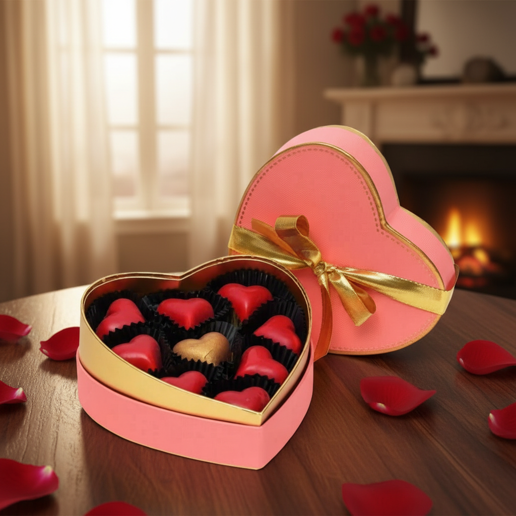 Scatola di 9 praline belghe con cuore rosa 135g