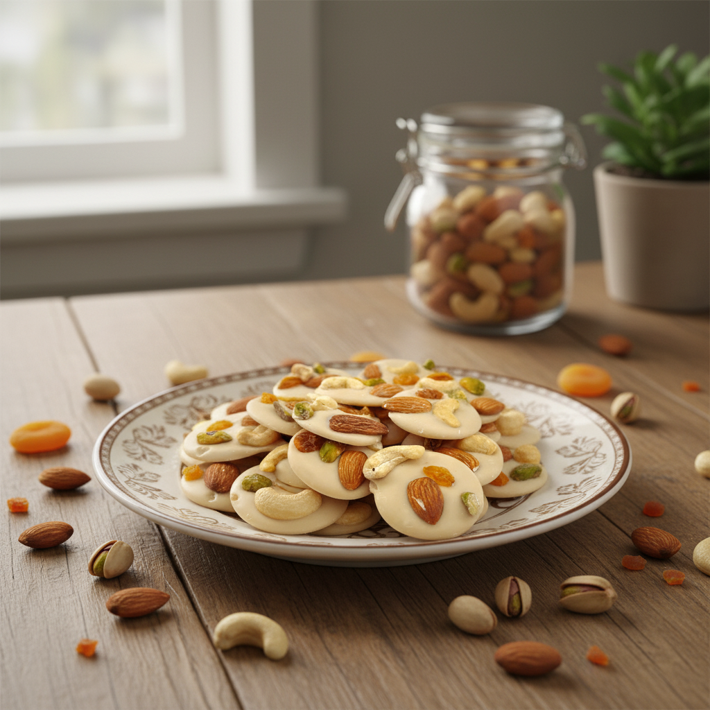 Mendiants al cioccolato bianco con pezzetti di pistacchio, mandorla, uvetta e anacardi